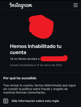 Cuenta de Instagram suspendida o baneada